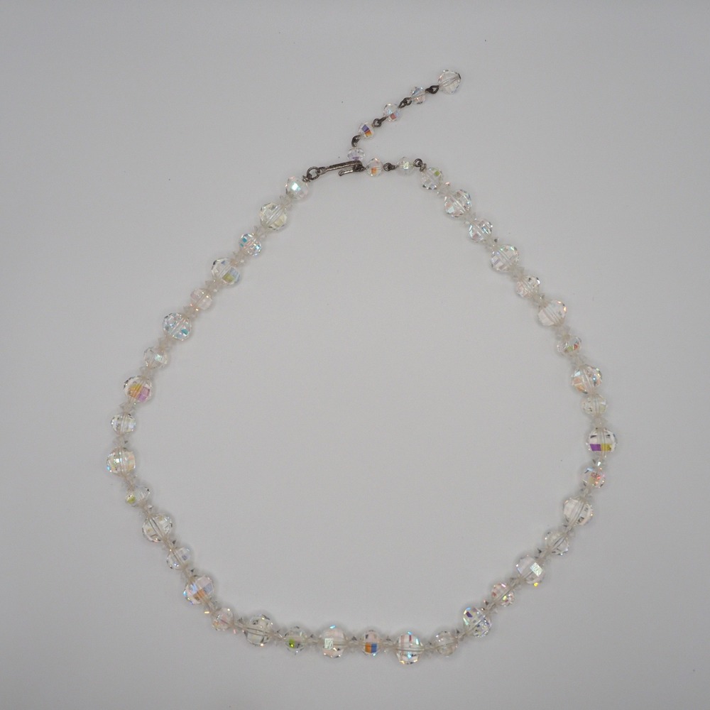 Vintage Laguna Necklace Clear Aurora Borealis Faceted Crystal Beaded Adjustable
